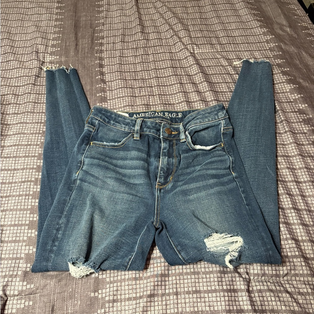 American Eagle Outfitters Blue Skinny Jeans with Distressed Details